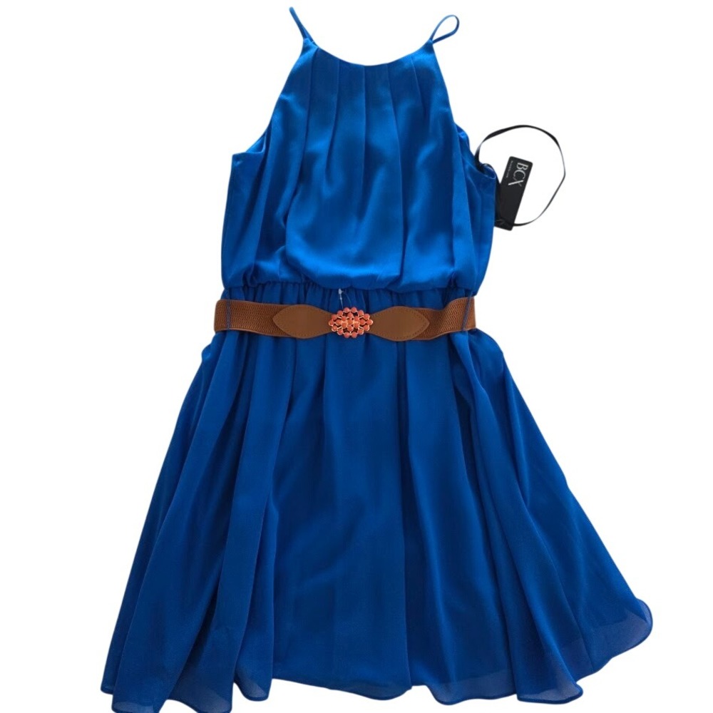 BCX Halter Neck Chiffon Dress‎ Small Womens NWT Belted Pleated Royal Blue